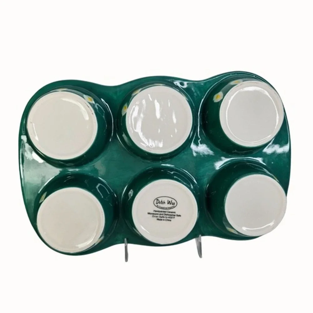 Dutch Wax Muffin Pan Green Ceramic Handpainted Kitchen‎ Baking Beaded Edge Decor